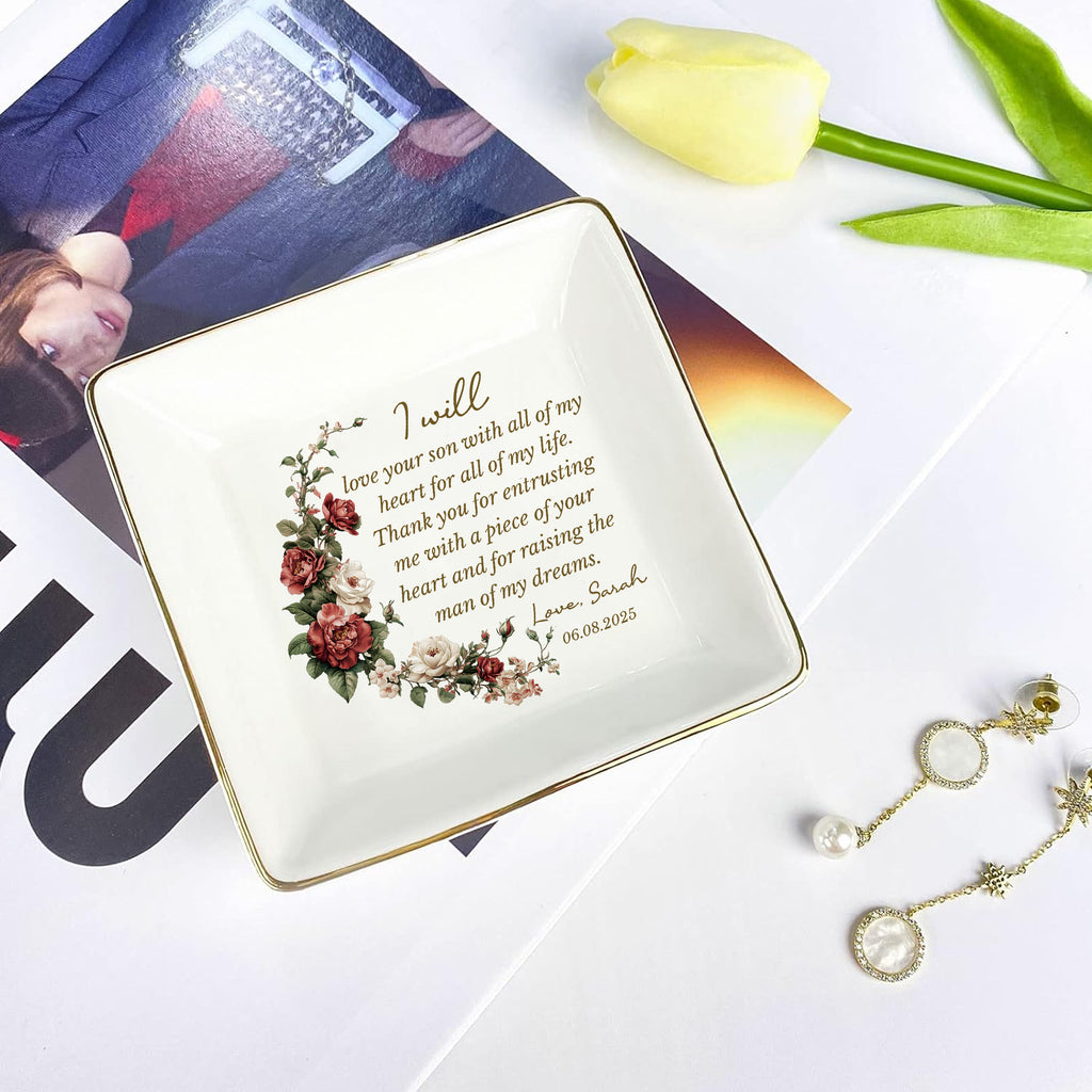 I Will Love Your Son With All Of My Heart For All Of My Life • Personalized Flower Trinket Dish • Custom Watercolor Flower Ring Dish • Wedding Gift For Mother Of The Bride