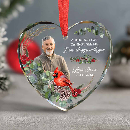 Heart-shaped glass ornament with a photo of a man, red cardinal, and floral design, with text on a gray background.