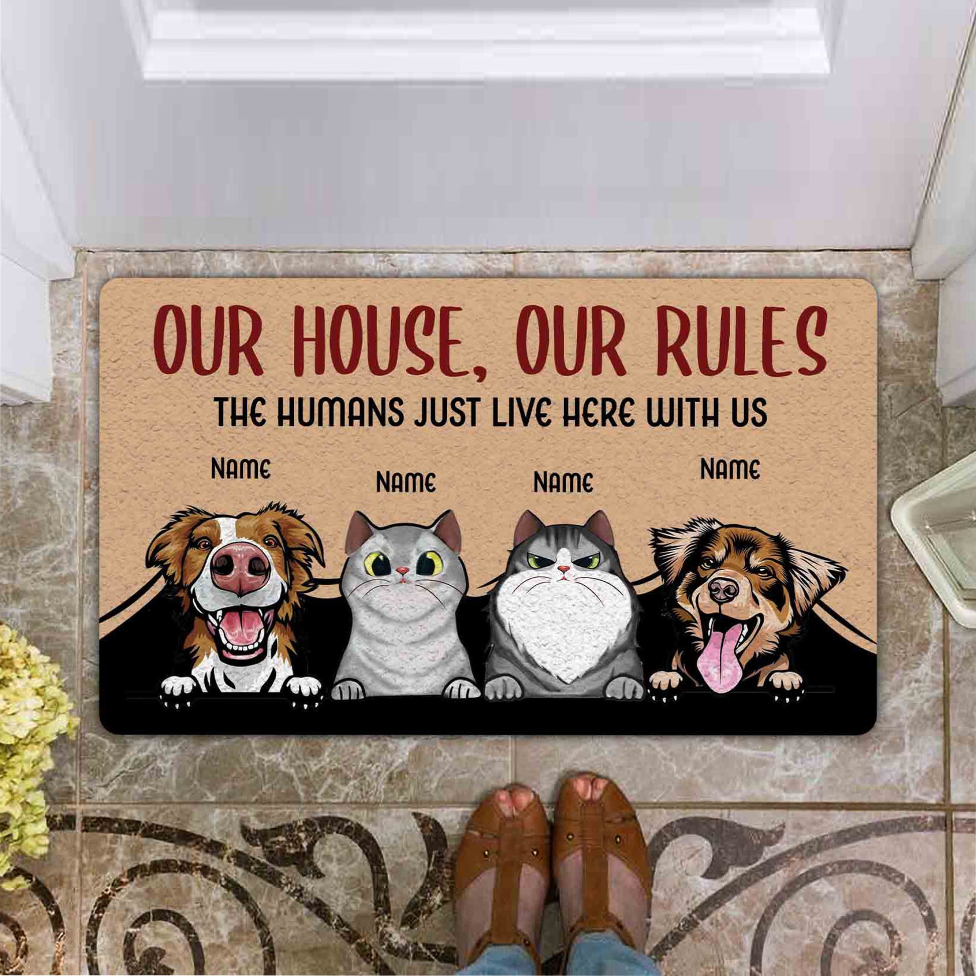Our House Our Rules The Humans Just Live Here With Us Dog & Cat Funny Doormat • Custom Doormat For Pet Lovers • Personalized Welcome Rug • Vintage Front Door Mat