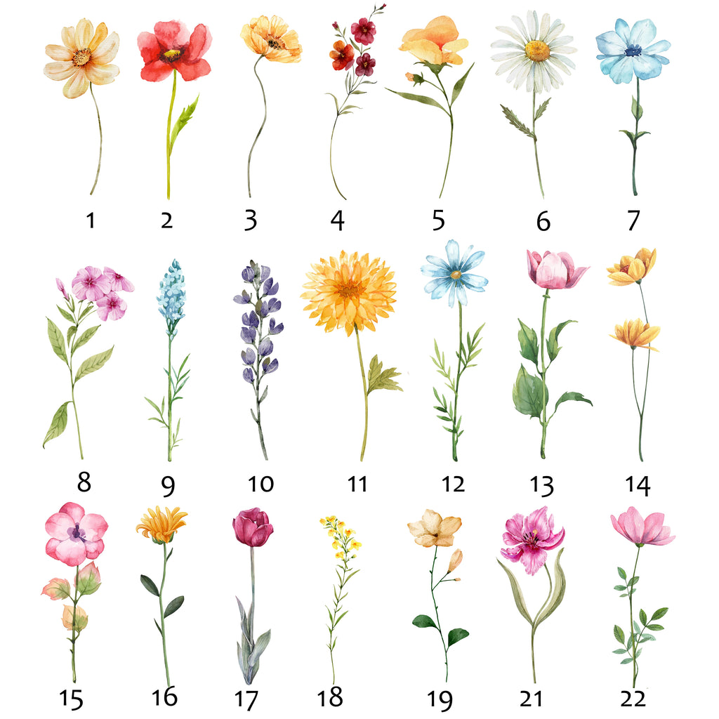 Illustrations of various flowers with numbers below each.