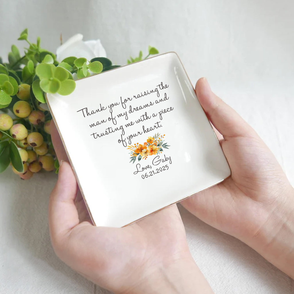 Thank You For Raising The Man Of My Dreams & Trusting Me With A Piece Of Your Heart • Personalized Flower Trinket Dish • Custom Watercolor Flower Ring Dish • Wedding Gift For Mother Of The Bride