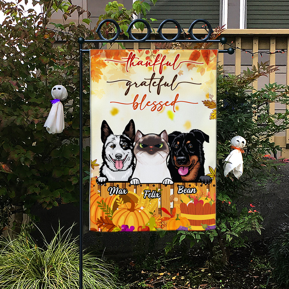 Thankful Grateful Blessed Happy Thanksgiving • Funny Decoration Flag • Personalized Dog & Cat Garden Flag • Custom Welcome Flag