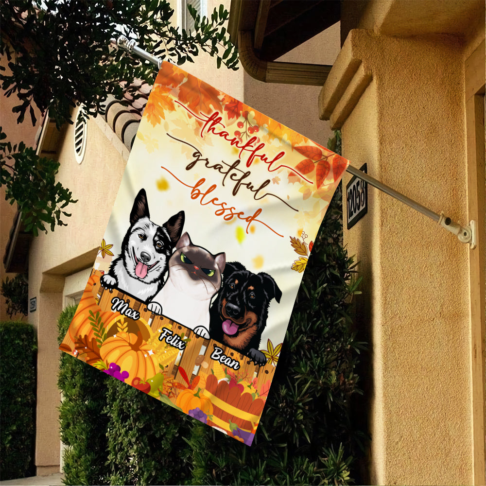 Thankful Grateful Blessed Happy Thanksgiving • Funny Decoration Flag • Personalized Dog & Cat Garden Flag • Custom Welcome Flag