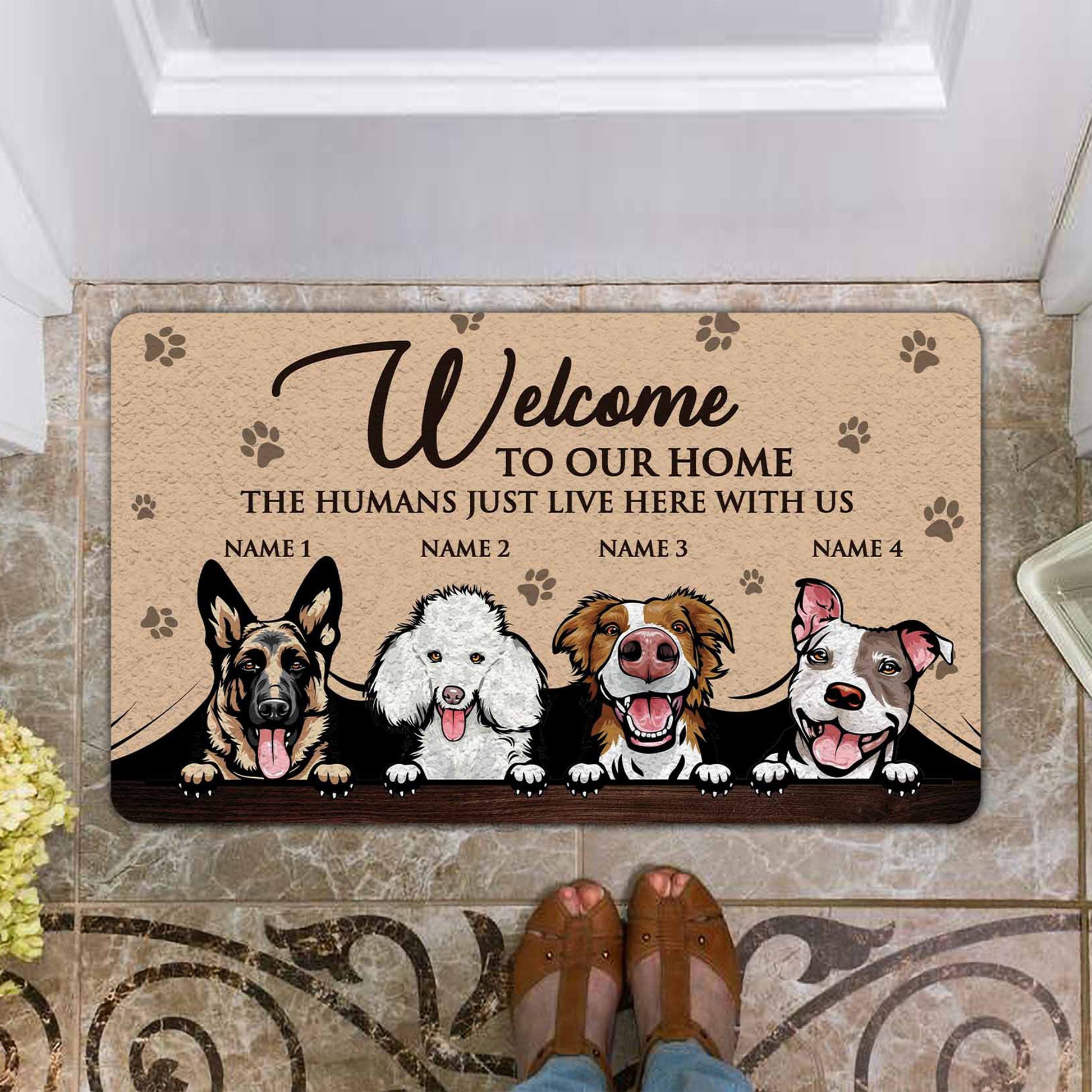 Welcome To Our Home The Humans Just Live Here With Us Dog & Cat Funny Doormat • Custom Doormat For Pet Lovers • Personalized Welcome Rug • Vintage Front Door Mat