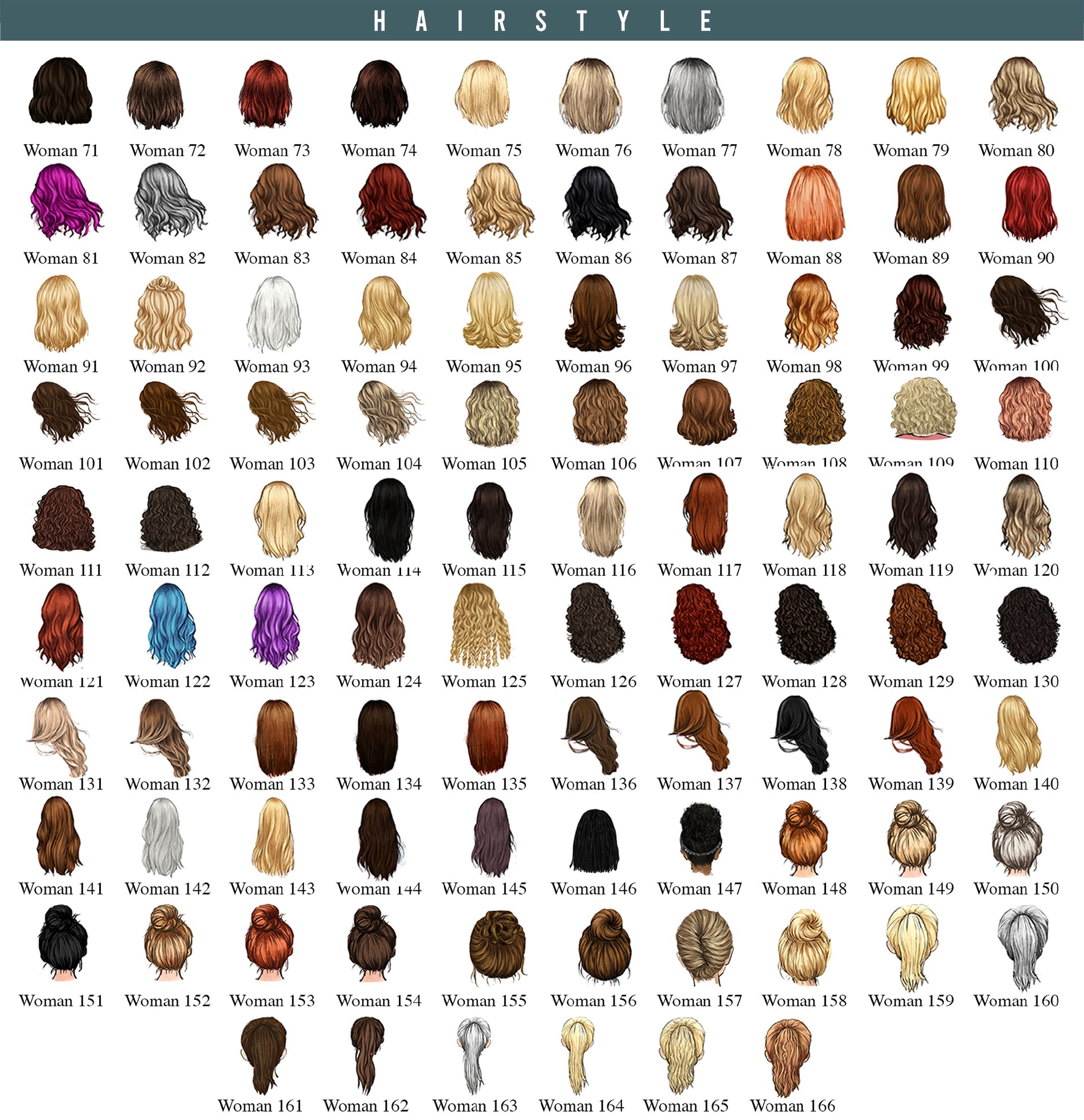 Chart displaying various hairstyles categorized by woman number.