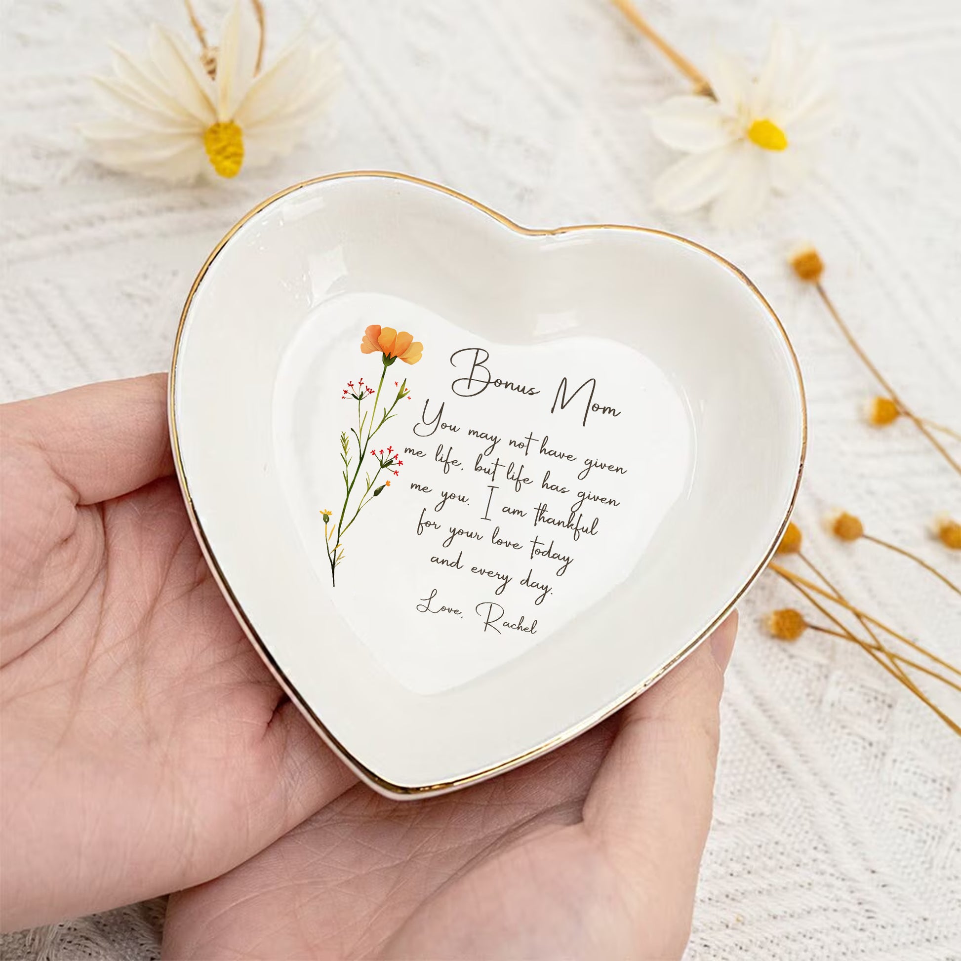 Personalized Ring Dish For Bonus Mom • Gift For Step Mom From Daughter • Custom Flower Trinket Tray • Wedding Keepsake • Mothers Day Gift