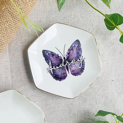 Custom Name Watercolor Butterfly Trinket Tray • Personalized Ring Dish