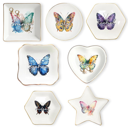 Custom Name Watercolor Butterfly Trinket Tray • Personalized Ring Dish