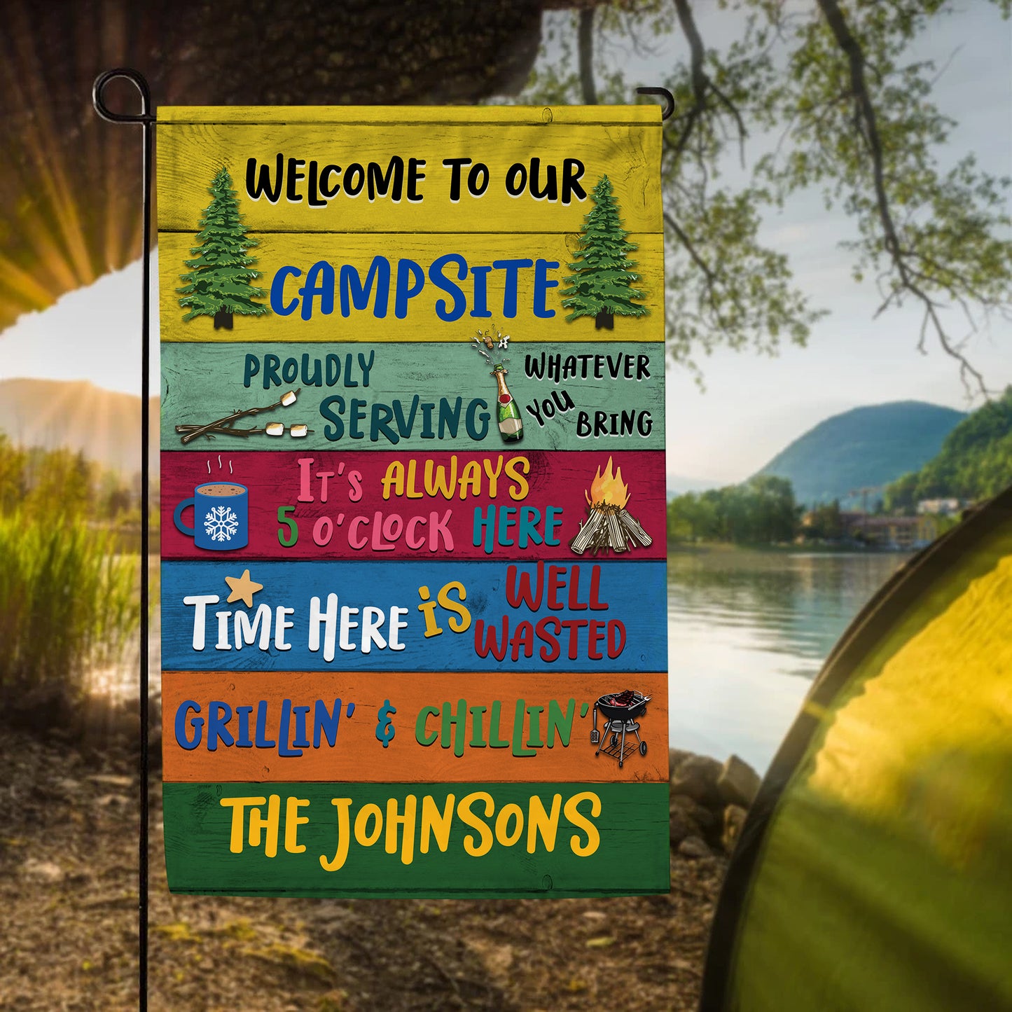 Welcome To Our Campsite Custom Name Flag For Campers • Camping Flag • Personalized Flag For Camping Couple