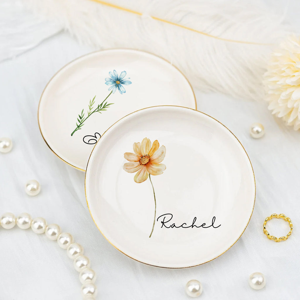 Personalized Birth Flower Ring Dish • Custom Name Watercolor Flower Jewelry Tray • Wedding Gift • Birthday Gift