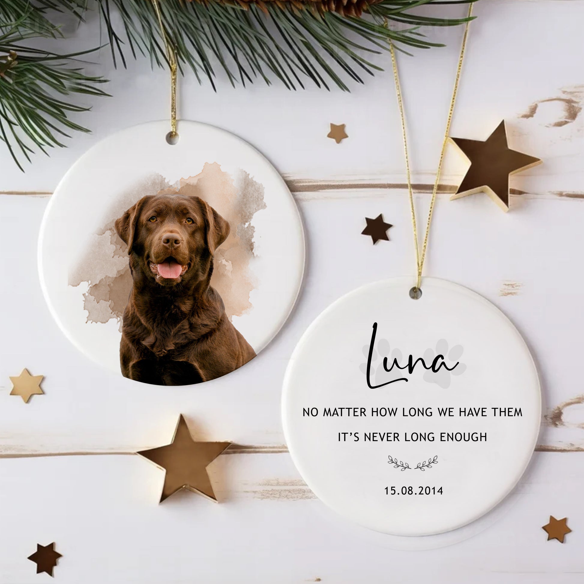 Decorative ornament with a dog's photo and personalized text on a white surface with star decorations.