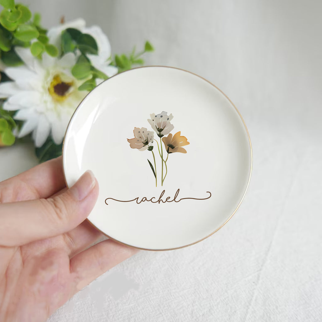 Custom Watercolor Flower Jewelry Tray • Personalized Birth Flower Ring Dish • Wedding Gift • Birthday Gift • Keepsake Gift
