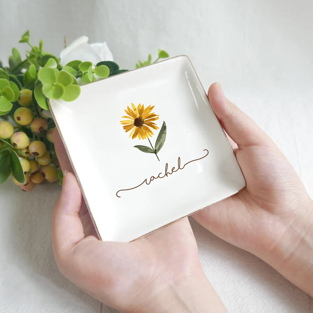 Custom Watercolor Flower Jewelry Tray • Personalized Birth Flower Ring Dish • Wedding Gift • Birthday Gift • Keepsake Gift
