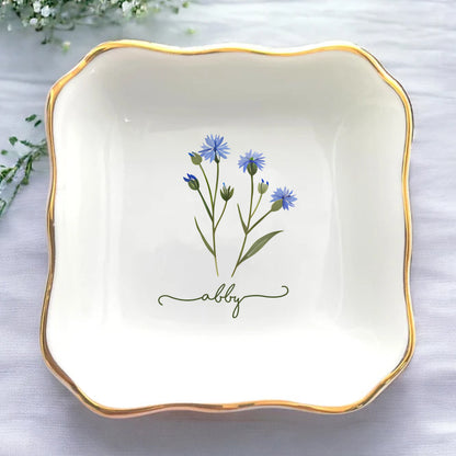 Custom Name Watercolor Floral Trinket Tray – Personalized Birth Flower Jewelry Dish