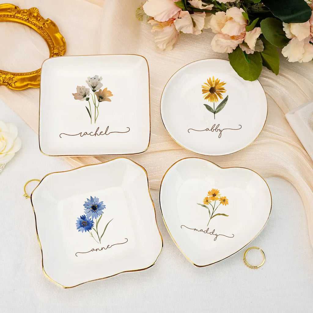 Custom Watercolor Flower Jewelry Tray • Personalized Birth Flower Ring Dish • Wedding Gift • Birthday Gift • Keepsake Gift