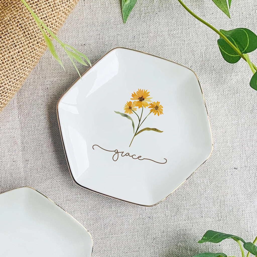 Custom Watercolor Flower Jewelry Tray • Personalized Birth Flower Ring Dish • Wedding Gift • Birthday Gift • Keepsake Gift