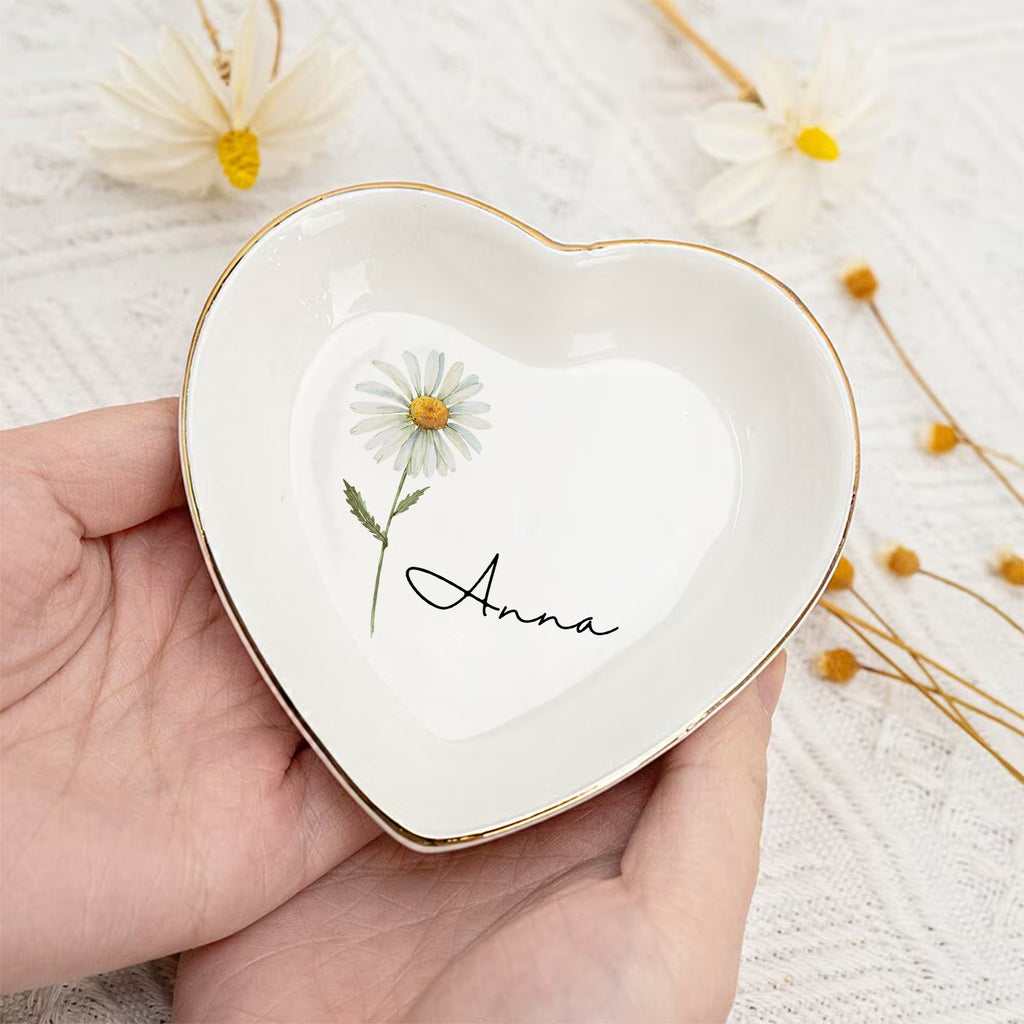 Personalized Birth Flower Ring Dish • Custom Name Watercolor Flower Jewelry Tray • Wedding Gift • Birthday Gift