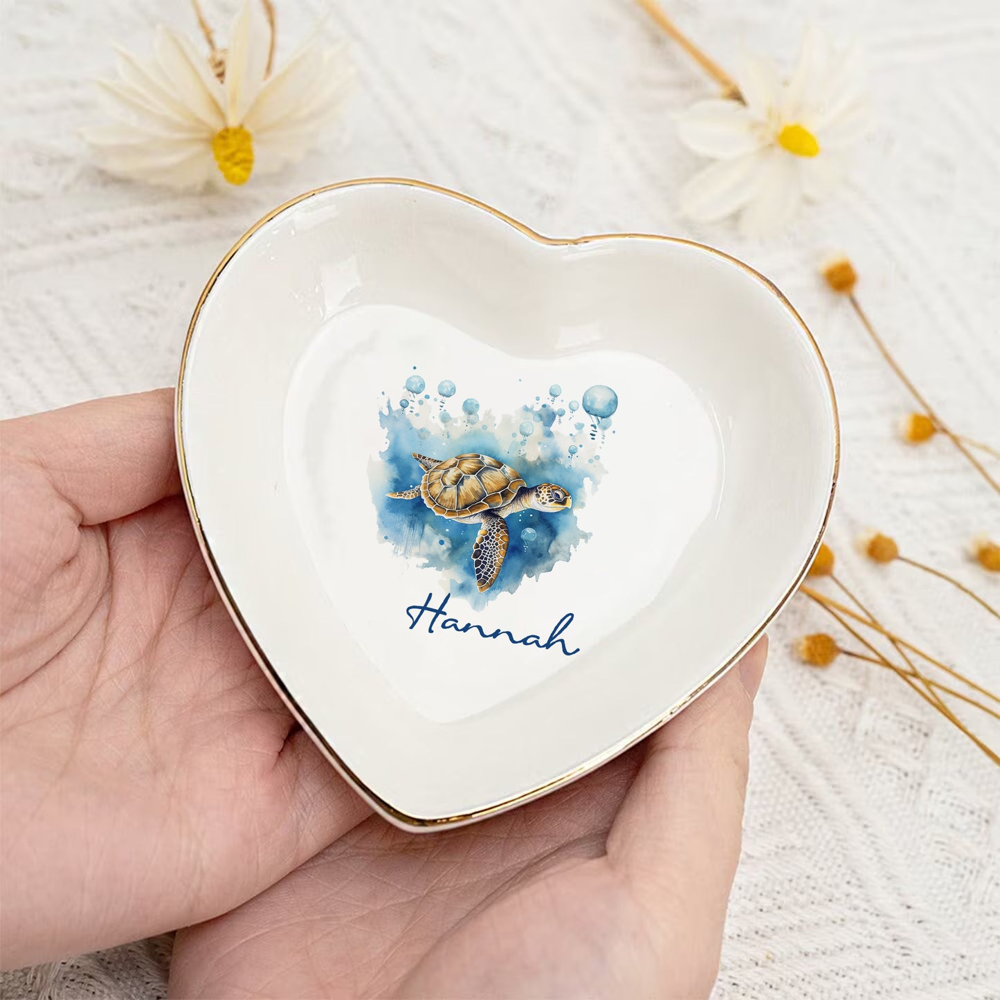 Watercolor Sea Turtle Custom Name Trinket Tray • Personalized Jewelry Dish