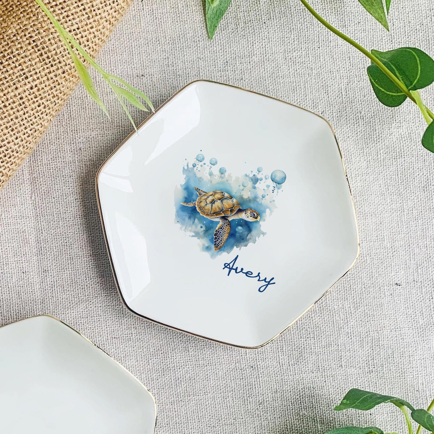 Watercolor Sea Turtle Custom Name Trinket Tray • Personalized Jewelry Dish