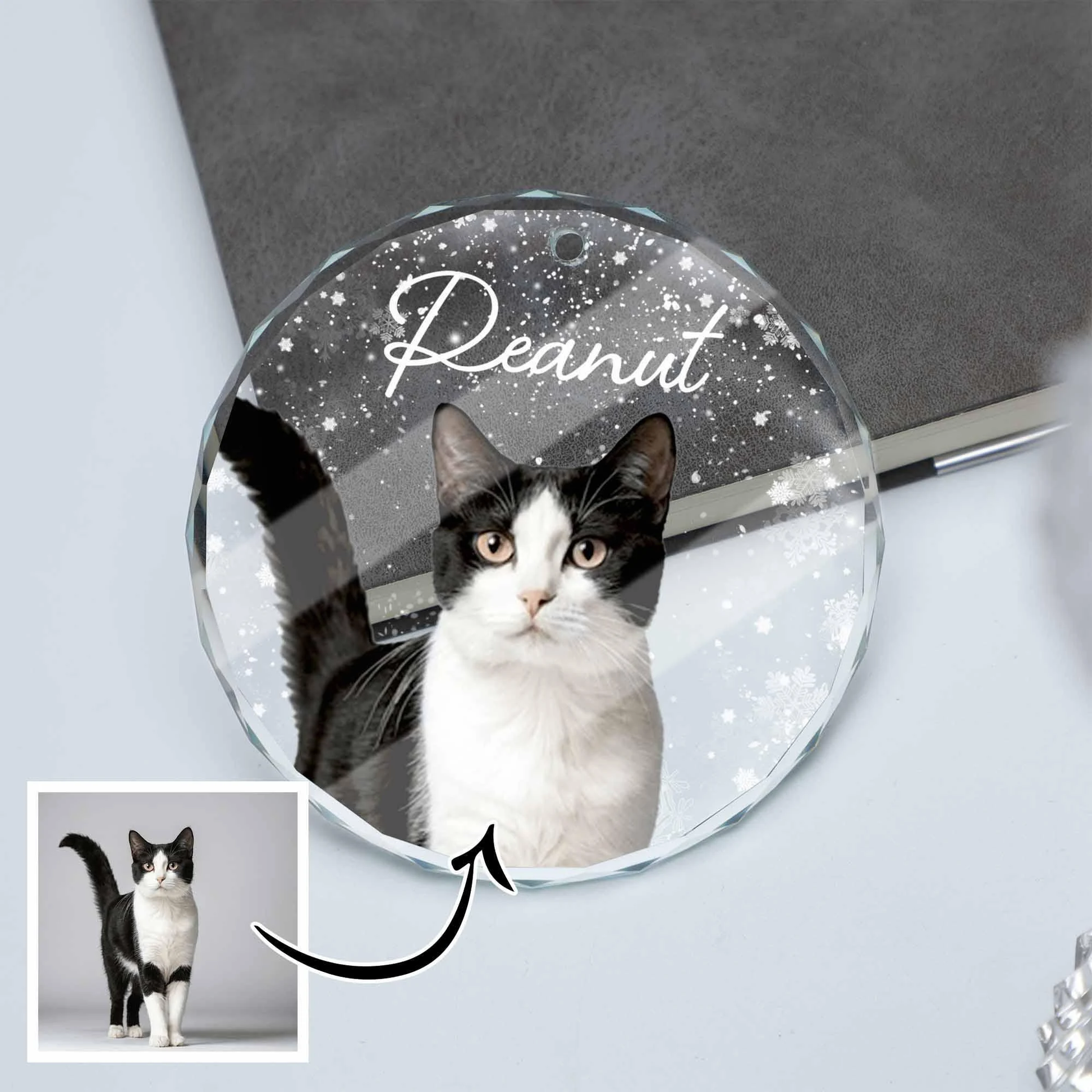 Custom Cat Photo Glass Ornament For Loss Of Cat • Personalized Cat Ornament With Photo & Name • Pet Photo Memorial Gift • Christmas Decoration