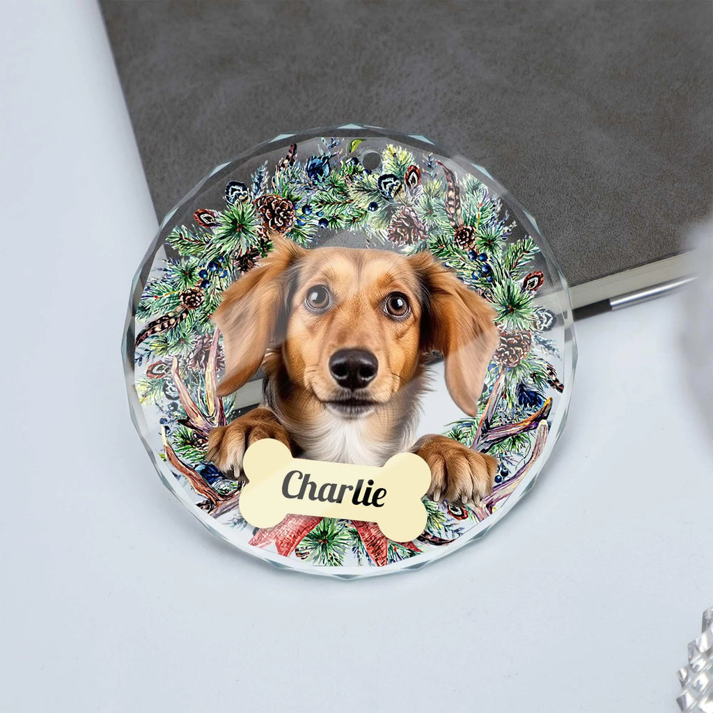 Custom Dog Photo Glass Ornament For Loss Of Dog • Personalized Dog Ornament With Photo & Name • Pet Photo Memorial Gift • Christmas Decoration