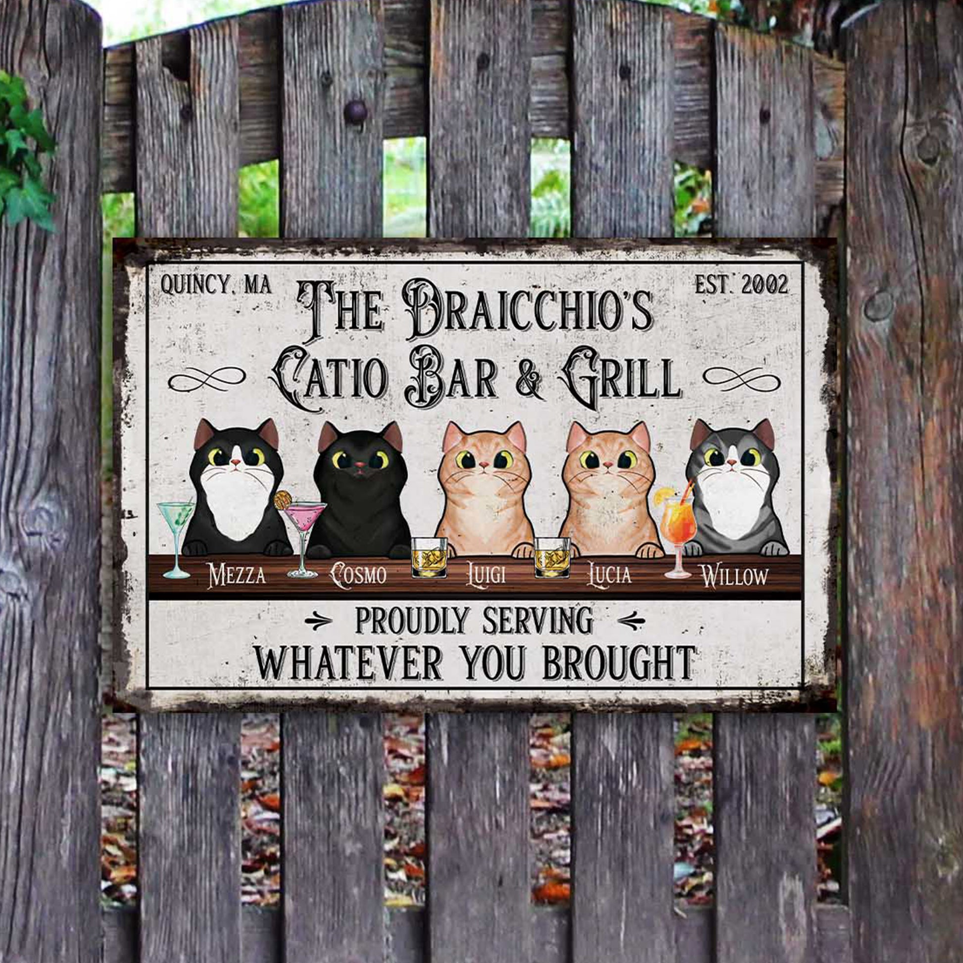 Welcome To Patio Bar & Grill Funny Cat Sign • Custom Metal Sign For Cat Lovers • Personalized Cat Welcome Sign • Outdoor Sign • Backyard Sign