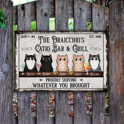 Welcome To Patio Bar & Grill Funny Cat Sign • Custom Metal Sign For Cat Lovers • Personalized Cat Welcome Sign • Outdoor Sign • Backyard Sign
