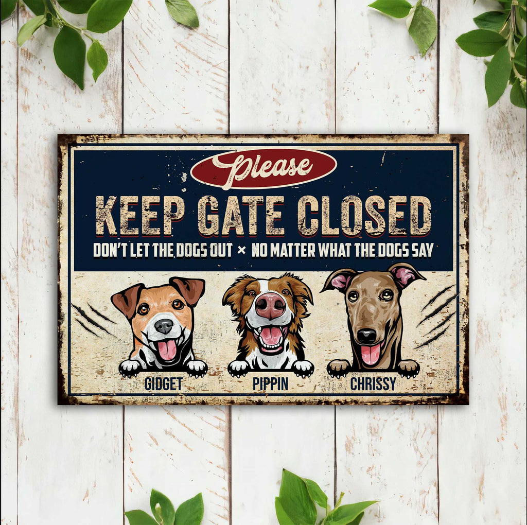Vintage-style sign with cartoon dogs and text on a wooden background
