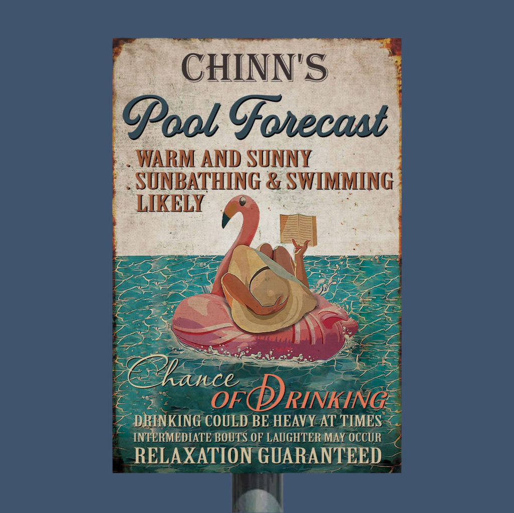 Vintage-style pool forecast sign with flamingo graphic in front of a pool.