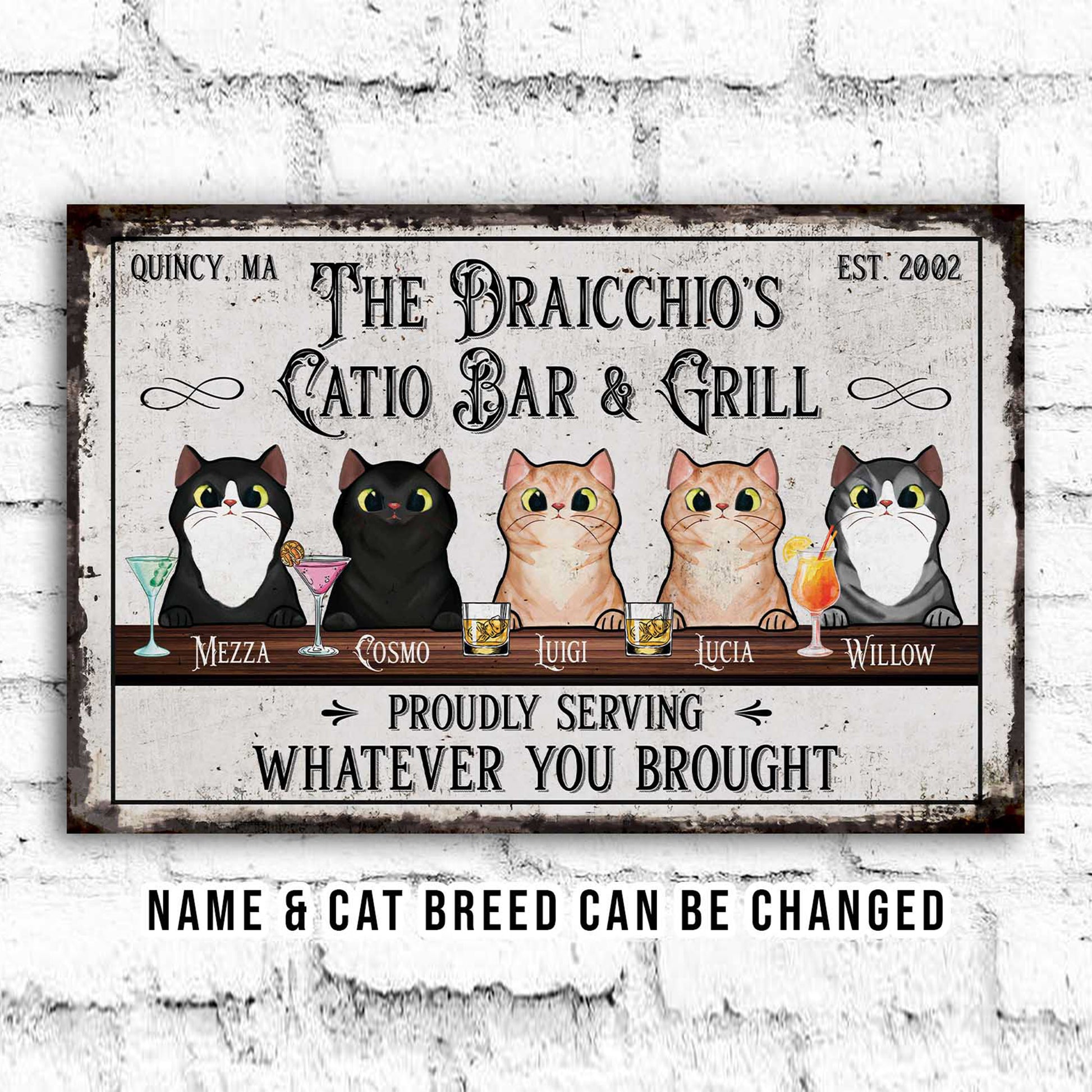 Welcome To Patio Bar & Grill Funny Cat Sign • Custom Metal Sign For Cat Lovers • Personalized Cat Welcome Sign • Outdoor Sign • Backyard Sign