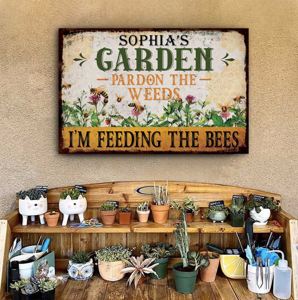 Pardon The Weeds I'm Feeding The Bees Sign • Custom Name Sign • Classic Sign Decor • Personalized Bee Garden Sign For Beekeeper