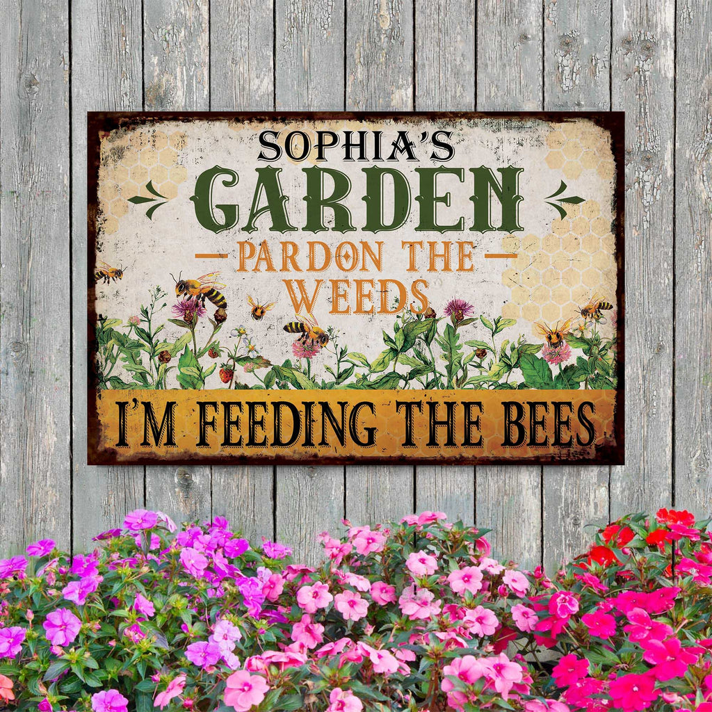 Pardon The Weeds I'm Feeding The Bees Sign • Custom Name Sign • Classic Sign Decor • Personalized Bee Garden Sign For Beekeeper