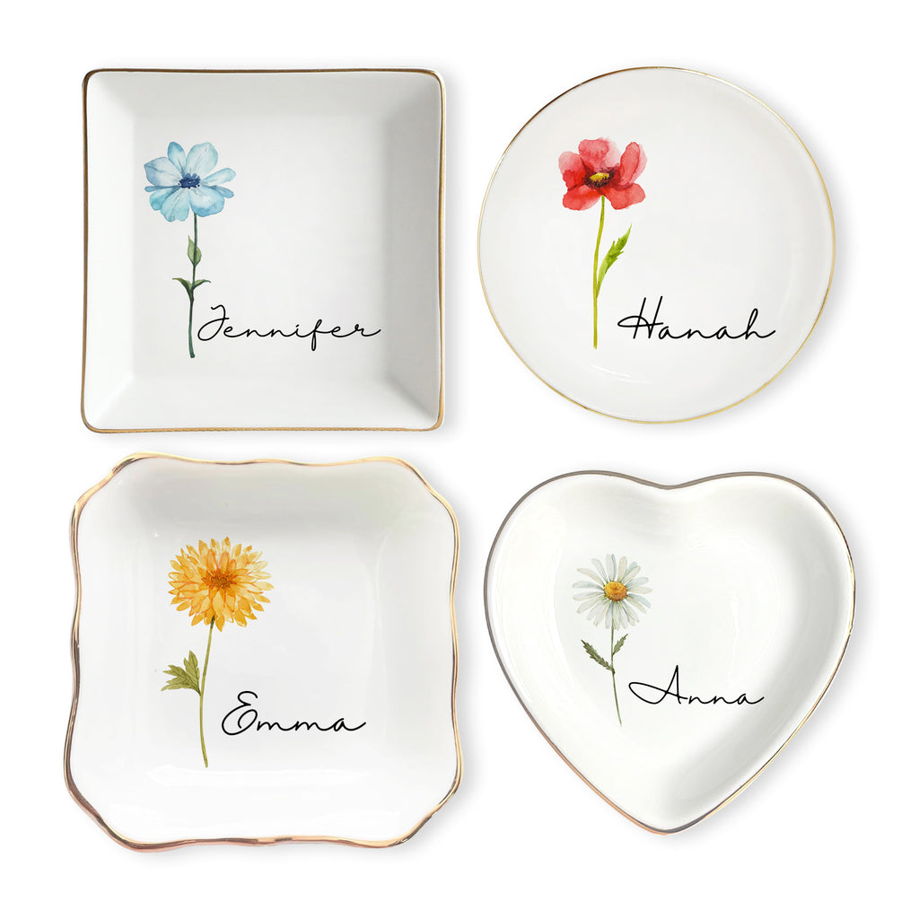 Personalized Birth Flower Ring Dish • Custom Name Watercolor Flower Jewelry Tray • Wedding Gift • Birthday Gift