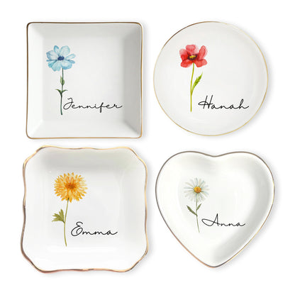 Custom Name & Flower Trinket Tray – Personalized Birth Flower Jewelry Dish