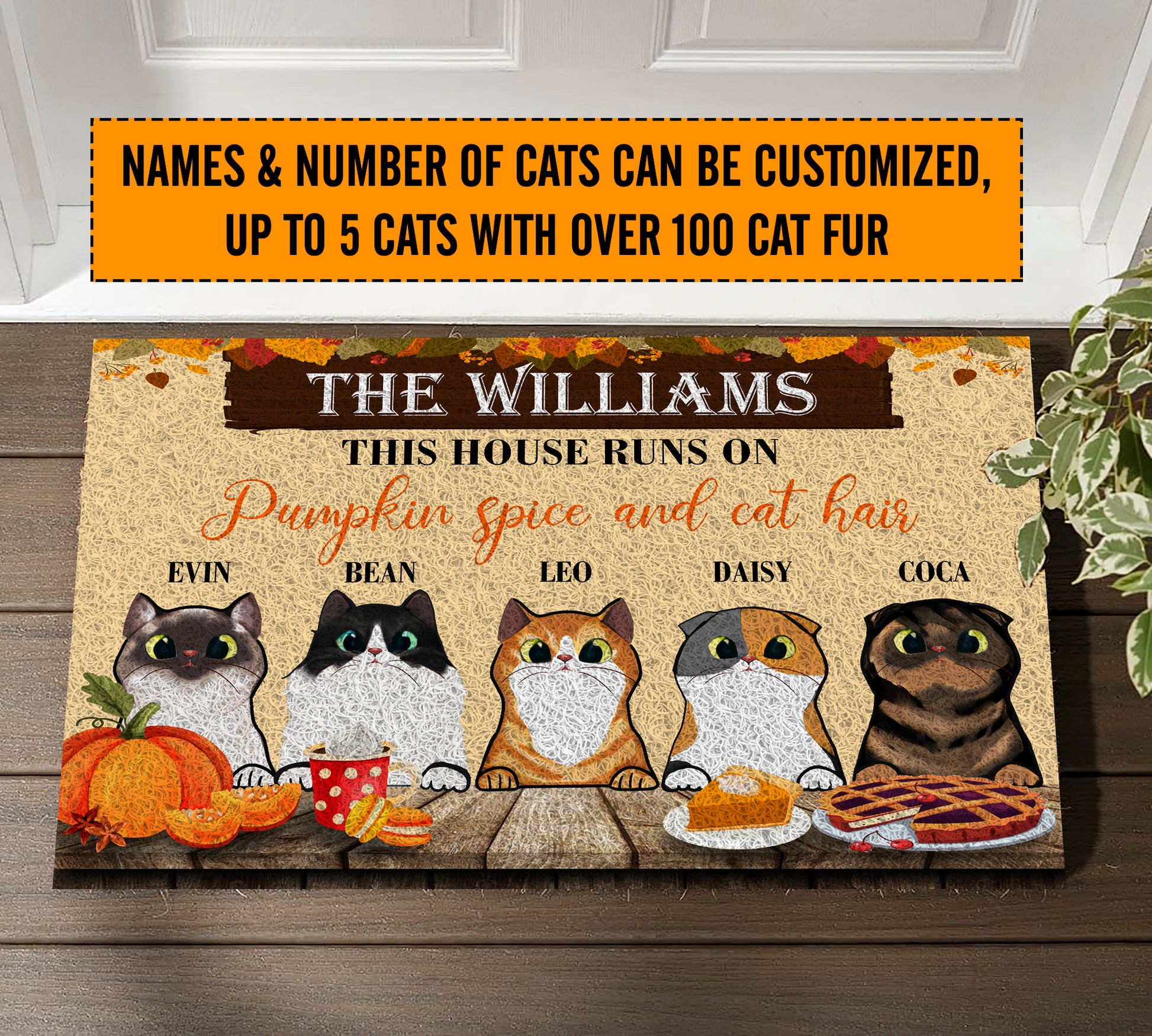 Personalized doormat with cat illustrations and customizable text on a wooden floor.