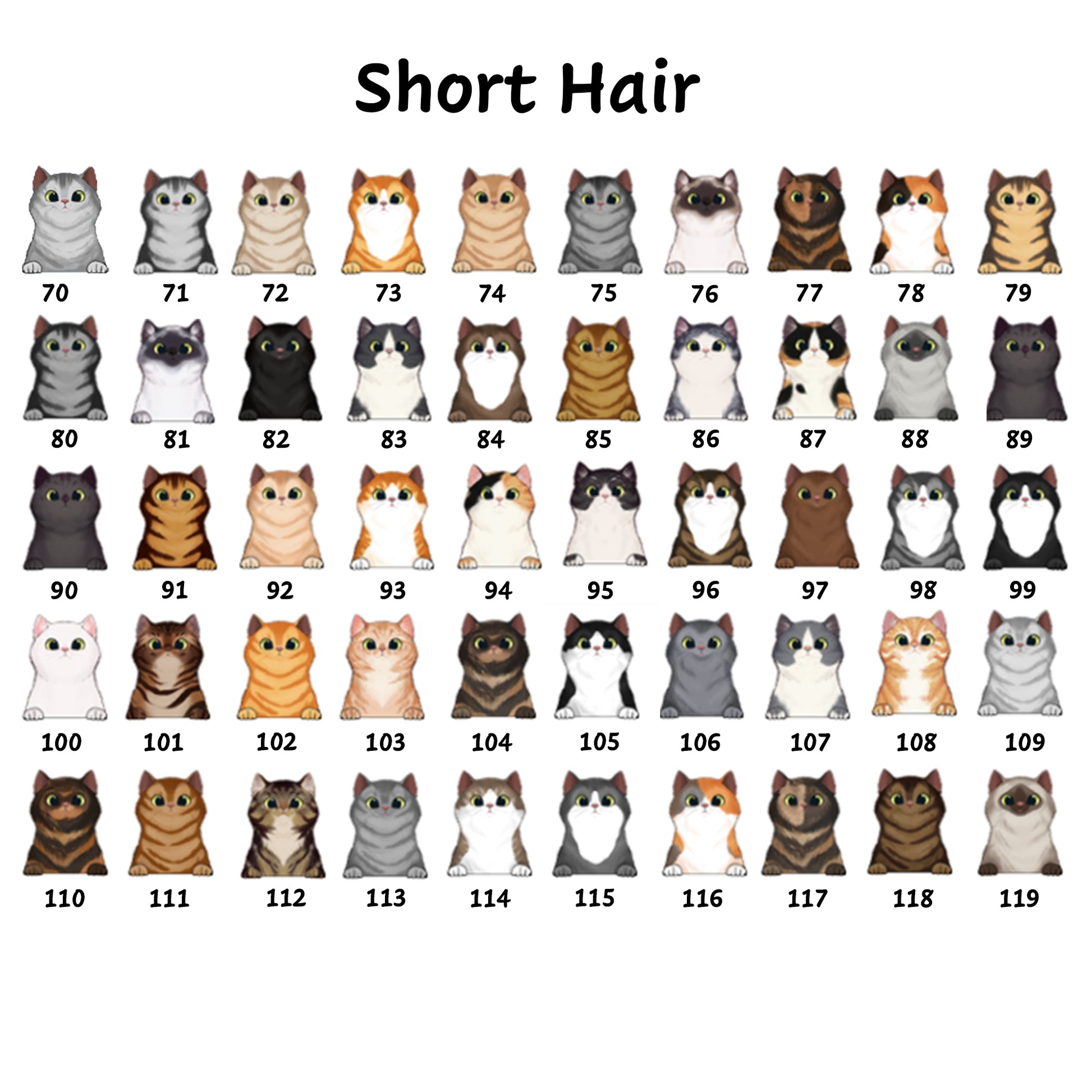 Illustrations of cats with short hair on a white background, labeled from 70 to 119.