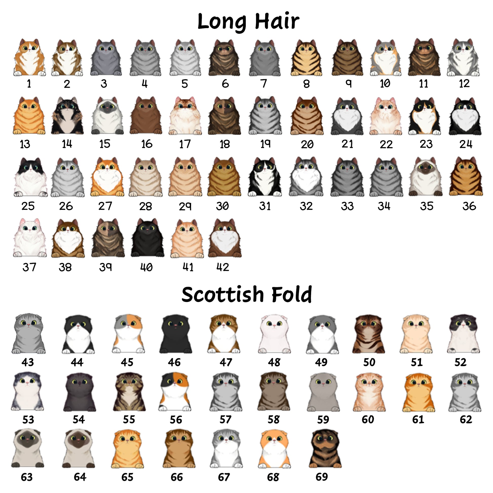 Chart of Scottish Fold cats with long hair, categorized by coat color.