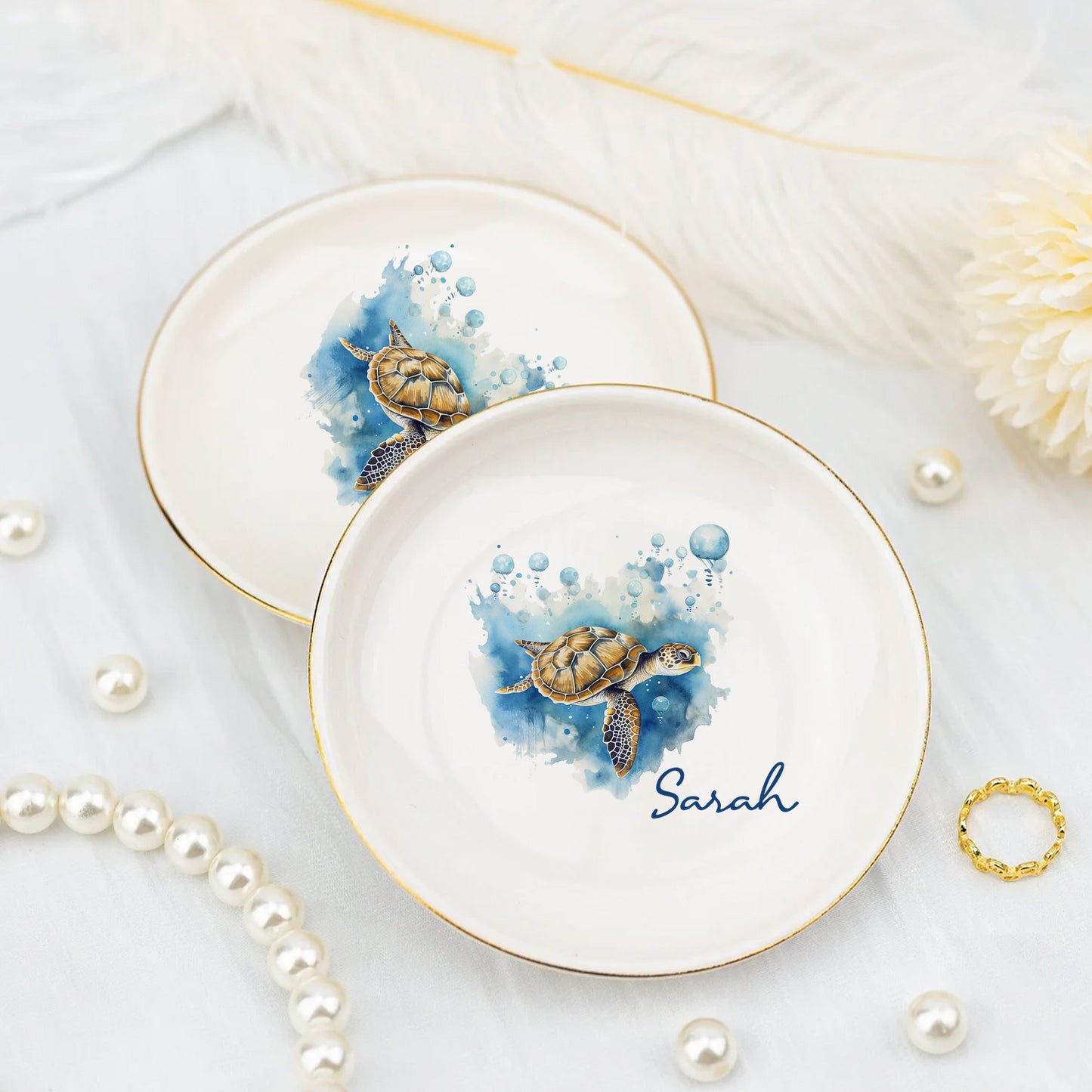 Watercolor Sea Turtle Custom Name Trinket Tray • Personalized Jewelry Dish
