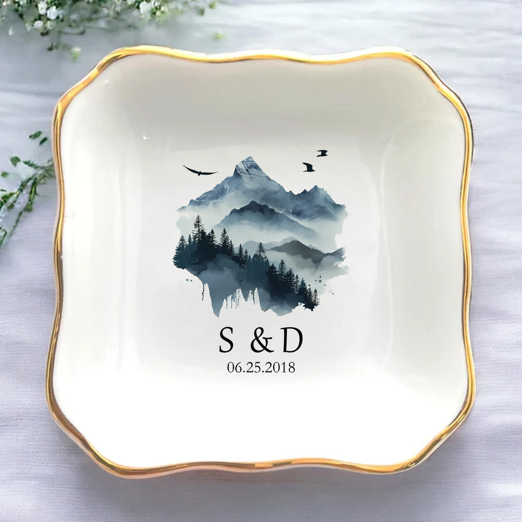 Personalized Trinket Dish  For Engaged Couple • Custom Initials Name And Date Ring Dish • Jewelry Tray • Engagement Gift • Wedding Gift