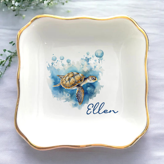 Watercolor Sea Turtle Custom Name Trinket Tray • Personalized Jewelry Dish