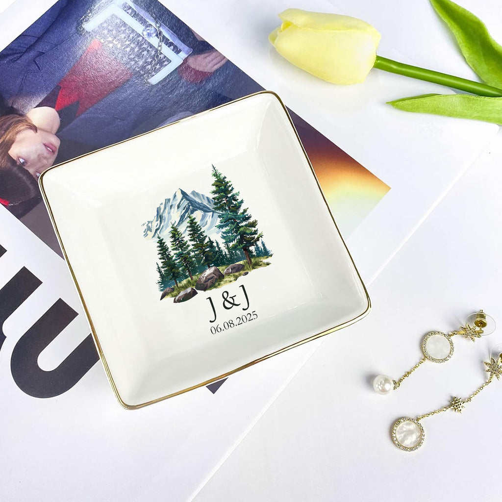 Personalized Trinket Dish  For Engaged Couple • Custom Initials Name And Date Ring Dish • Jewelry Tray • Engagement Gift • Wedding Gift