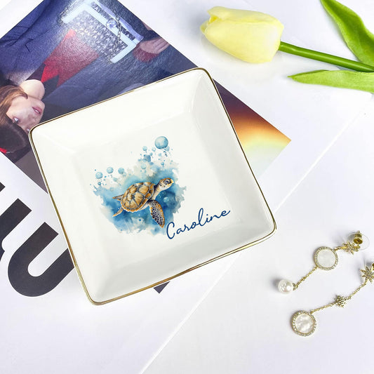 Watercolor Sea Turtle Custom Name Trinket Tray • Personalized Jewelry Dish