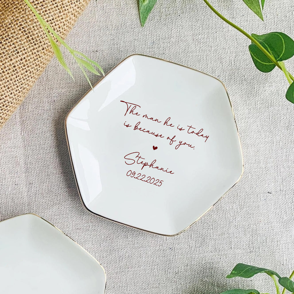 The Man He Is Today Is Because Of You • Personalized Flower Trinket Dish • Custom Watercolor Flower Ring Dish • Wedding Gift For Mother Of The Bride