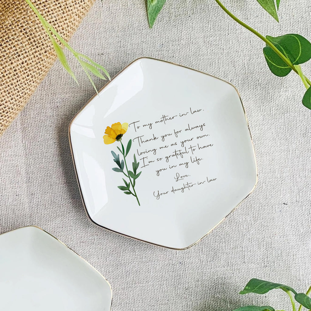 Personalized Wedding Ring Dish For Mother In Law Gift From Daughter In Law • Custom Flower Trinket Tray For Future Parents In Law