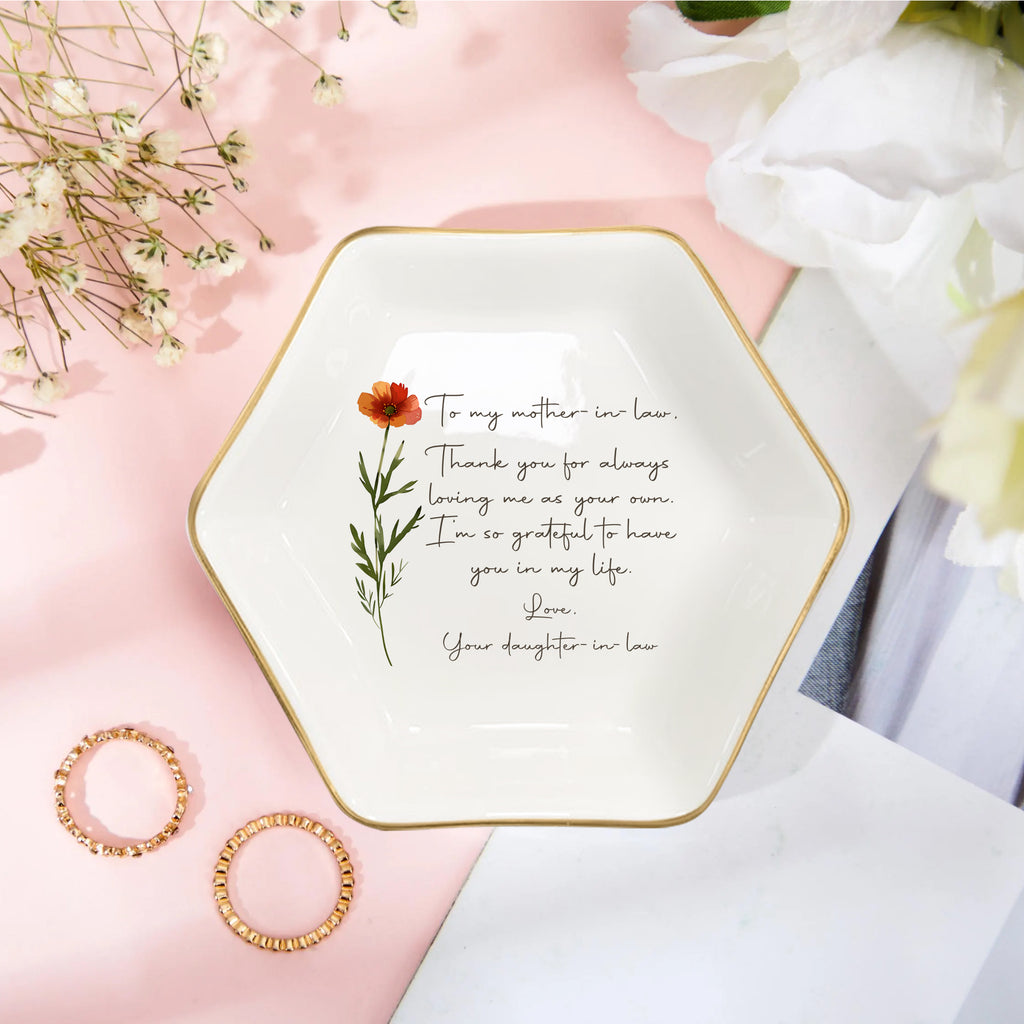 Personalized Wedding Ring Dish For Mother In Law Gift From Daughter In Law • Custom Flower Trinket Tray For Future Parents In Law