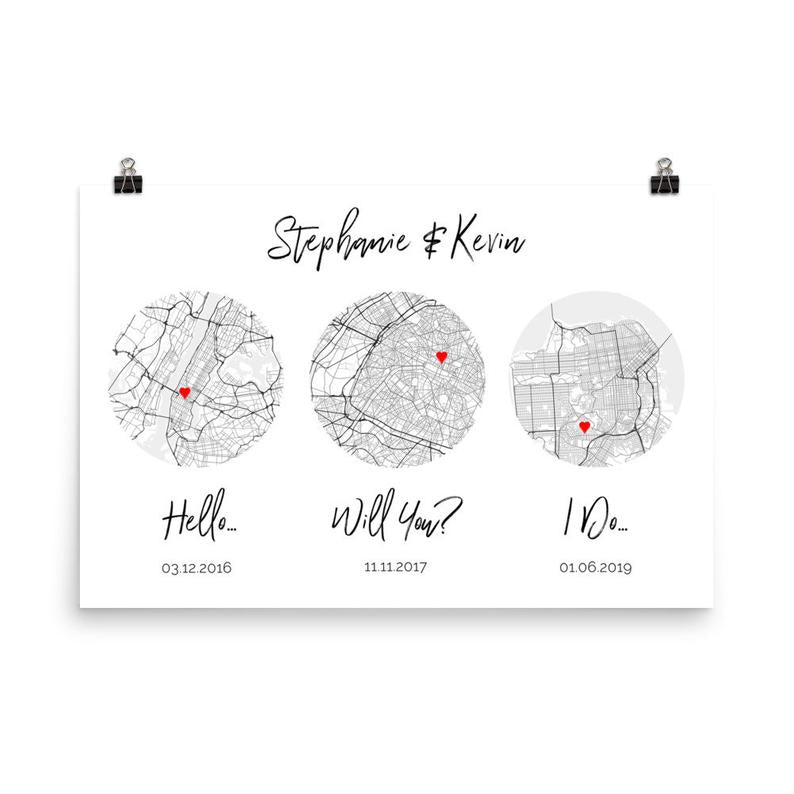 Hello, Will You, I Do, Map Art Print, Anniversary Wedding Gift - Premium Canvas, Poster