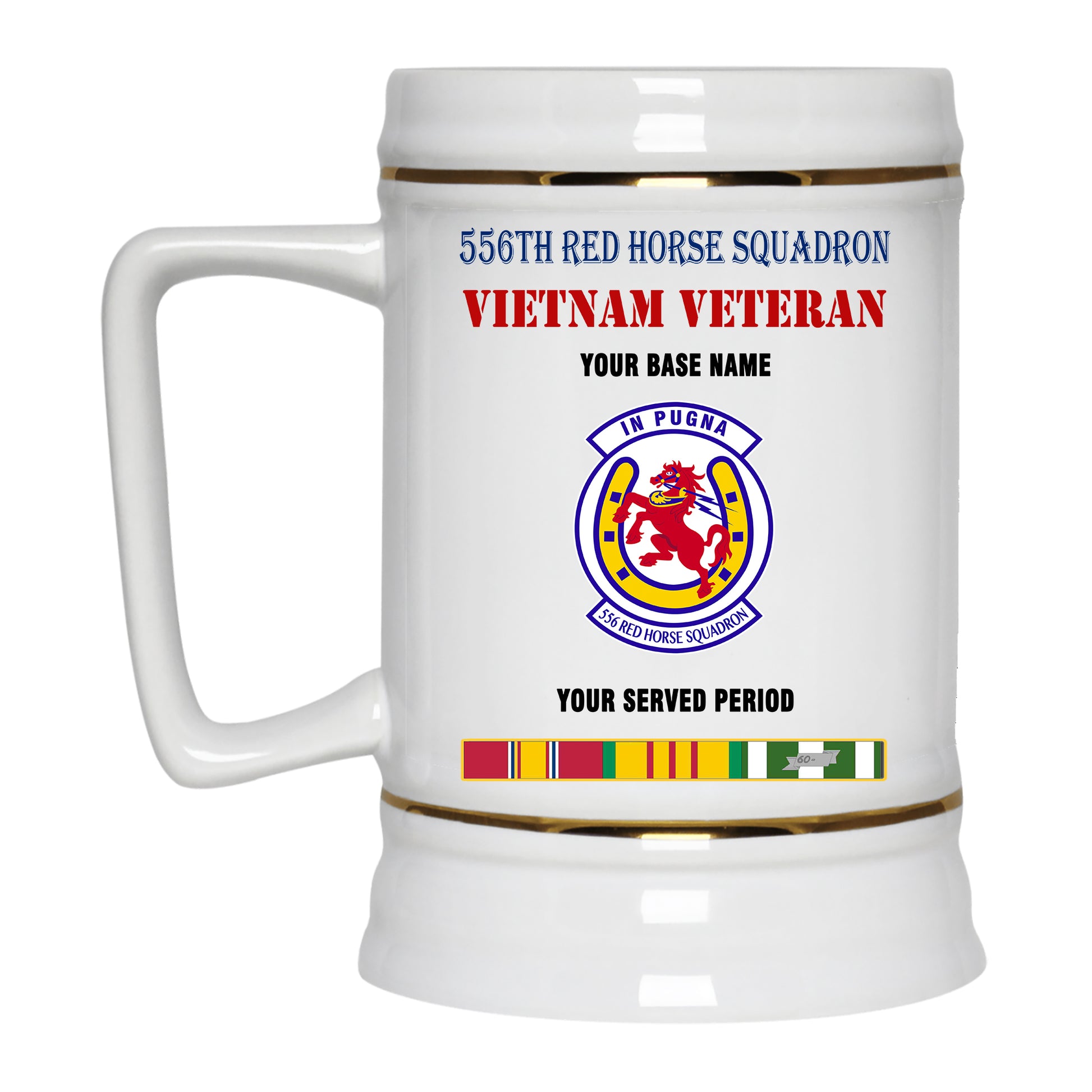 556TH RED HORSE SQUADRON BEER STEIN 22oz GOLD TRIM BEER STEIN