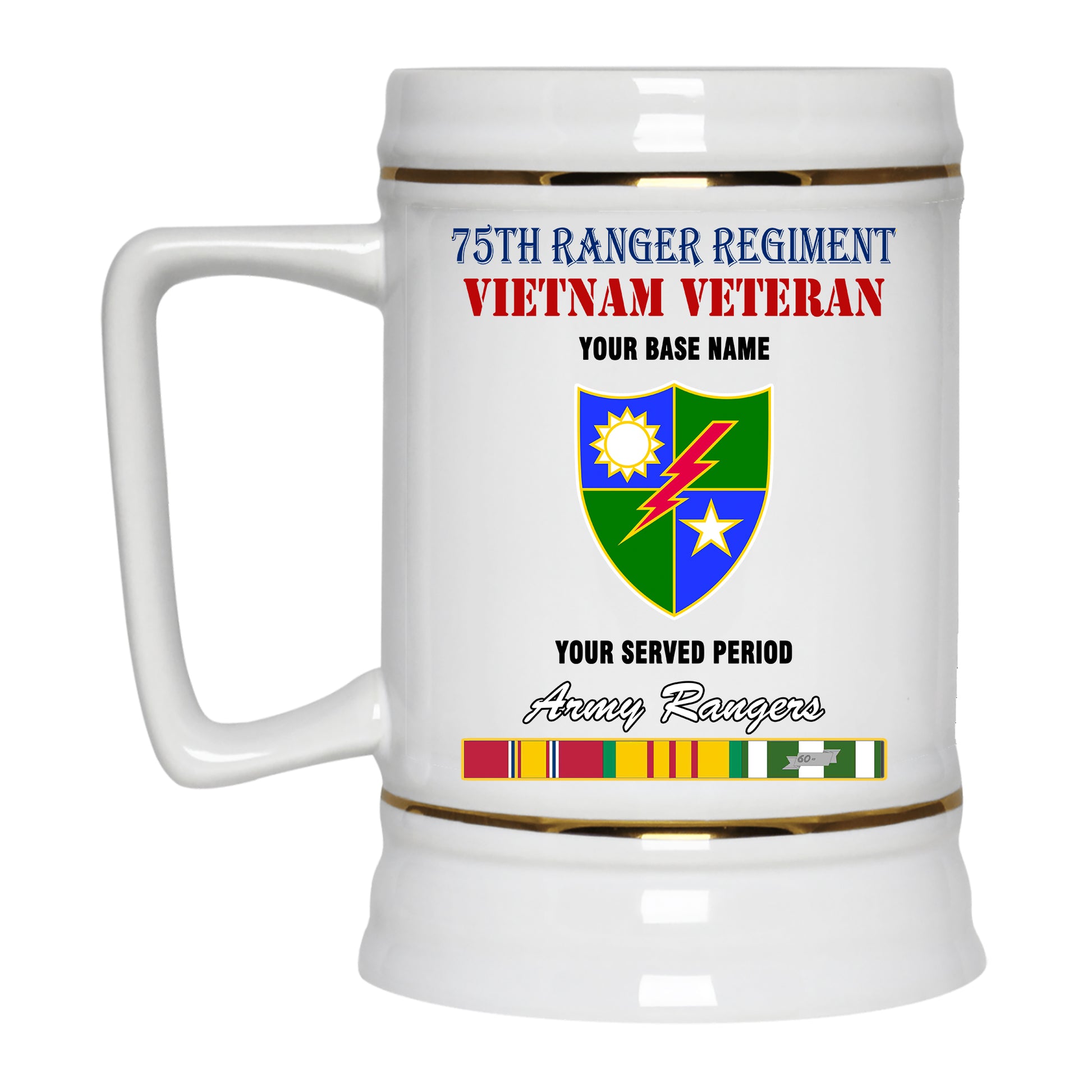 75TH RANGER REGIMENT BEER STEIN 22oz GOLD TRIM BEER STEIN