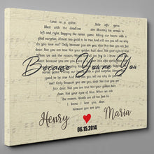 Load image into Gallery viewer, Heart Shaped Wedding Song Lyrics, Names &amp; Date - Premium Personalize Canvas, Poster