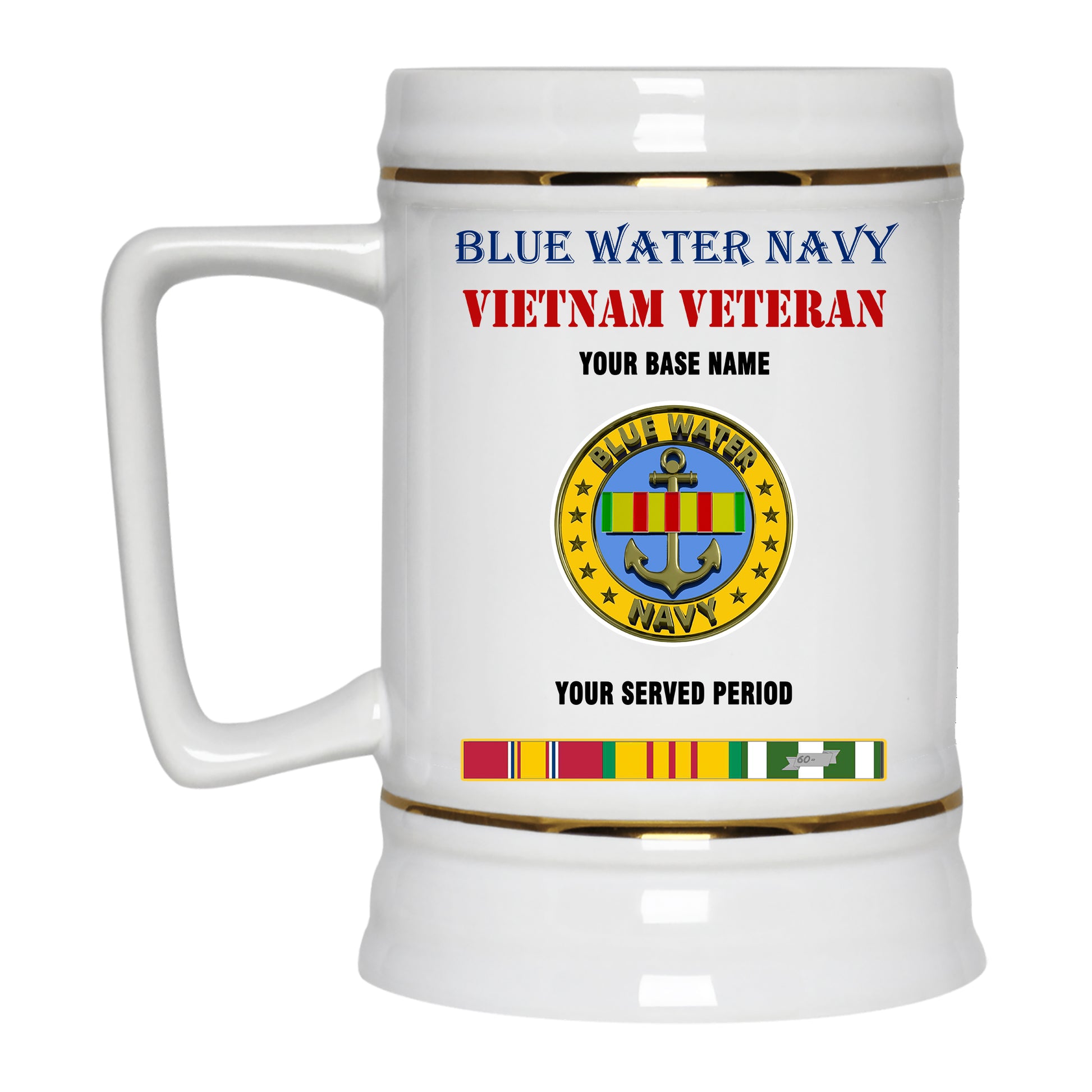 BLUE WATER NAVY BEER STEIN 22oz GOLD TRIM BEER STEIN